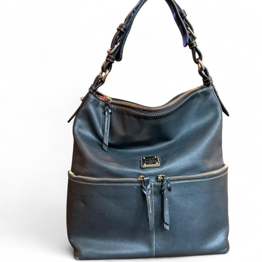 Dooney & Bourke Large Black Leather Shoulder Bag Gold Tone Hardware Hobo Tote